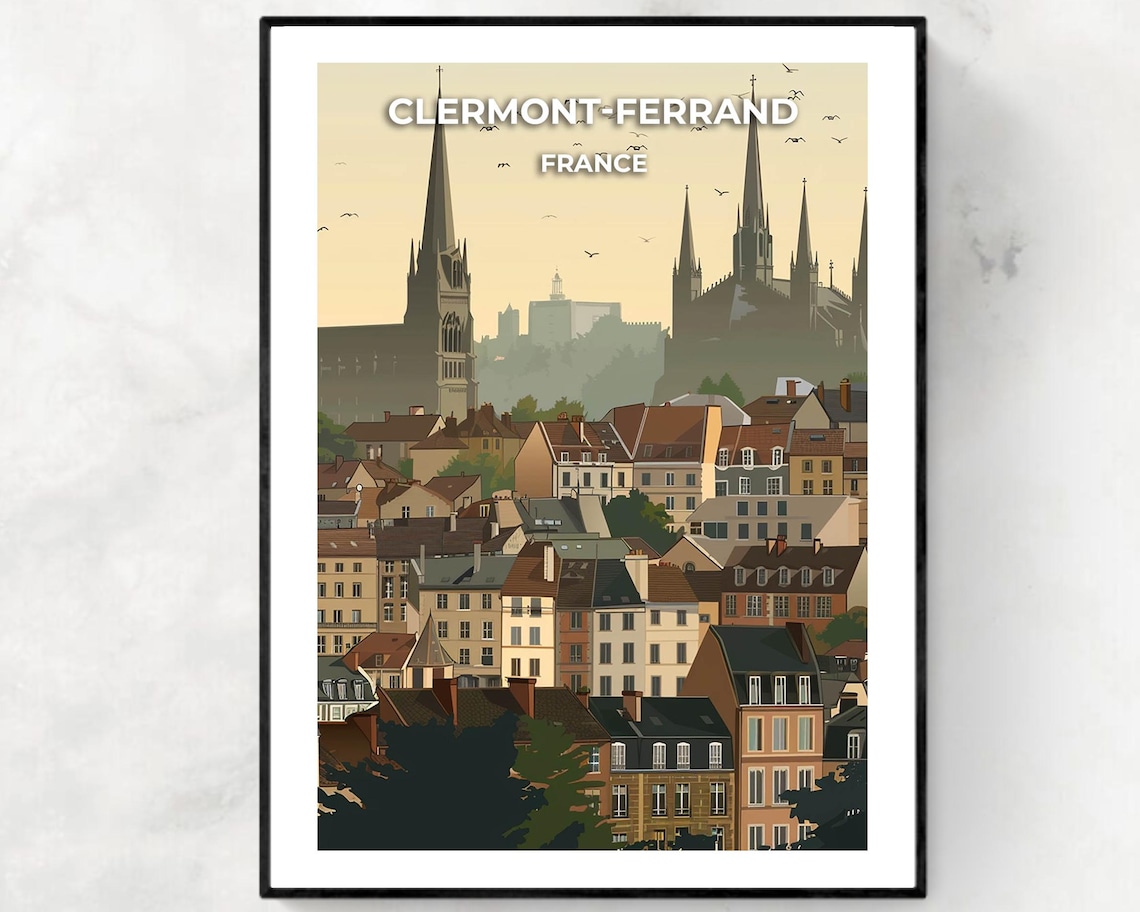 Clermont-Ferrand France Cathedral Skyline Warm Haze Travel Poster