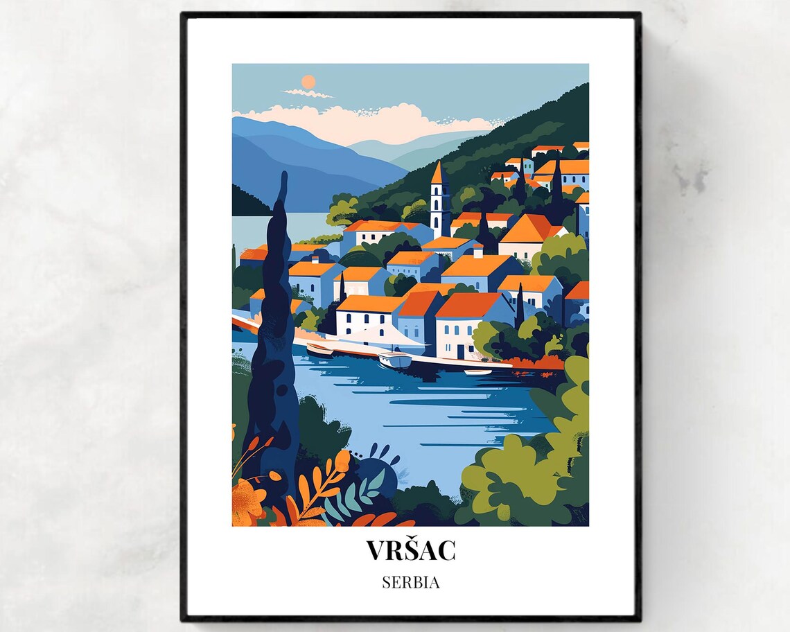 Vrsac Serbia Riverside Village Orange Rooftops Vintage Travel Poster