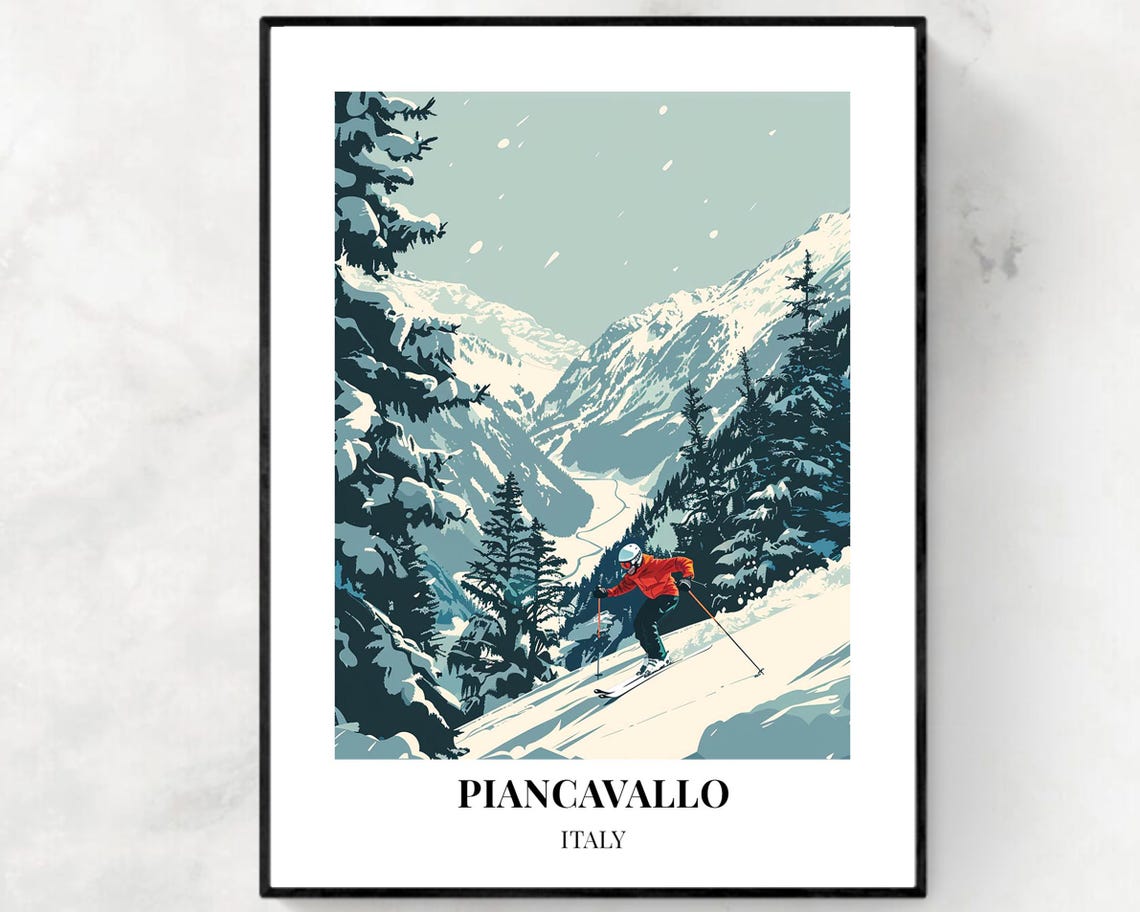 Piancavallo Italy Skier Racing Down Forest-Lined Snowy Slope Poster