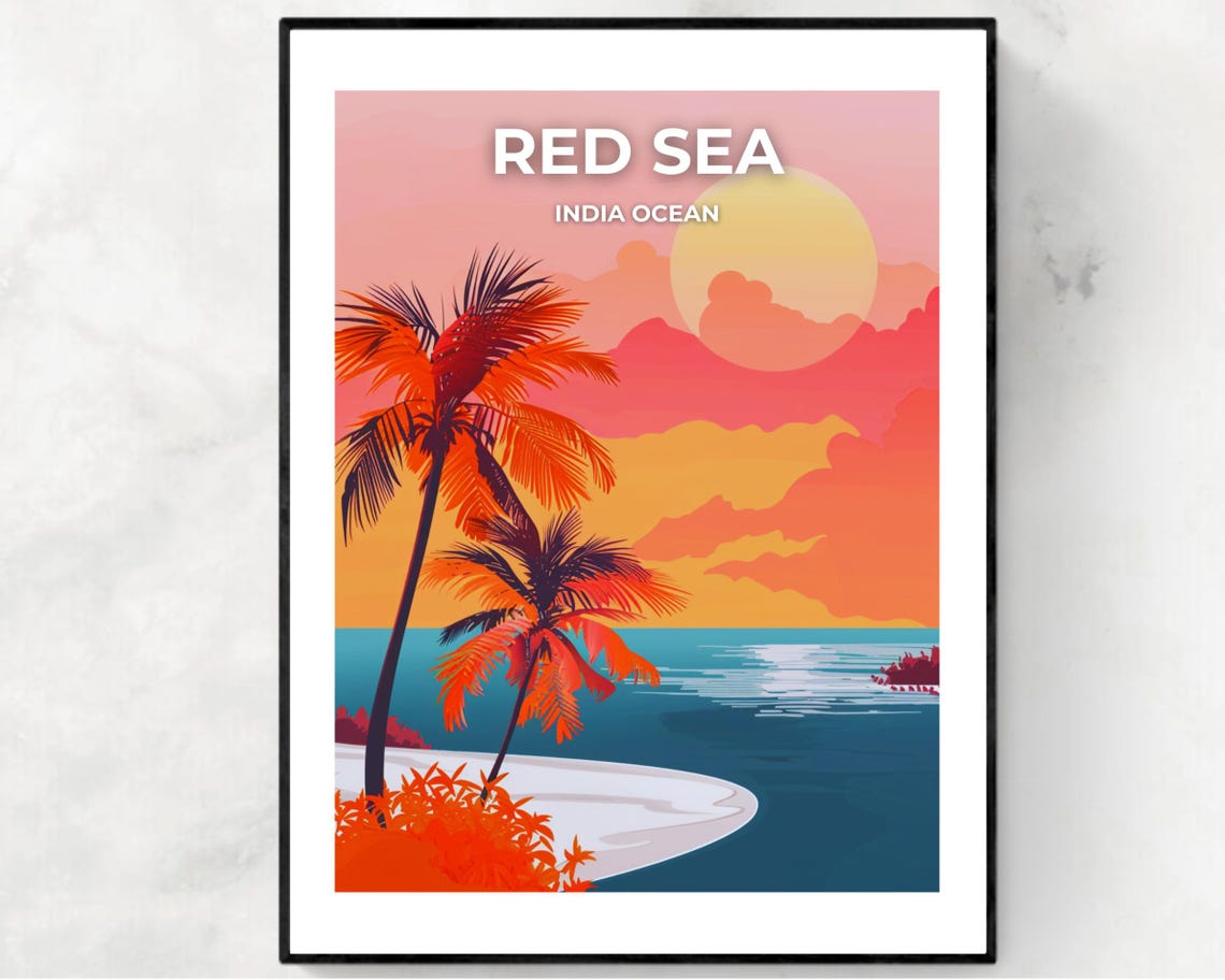 Red Sea India Ocean Sunset Palm Beach Vintage Style Travel Poster