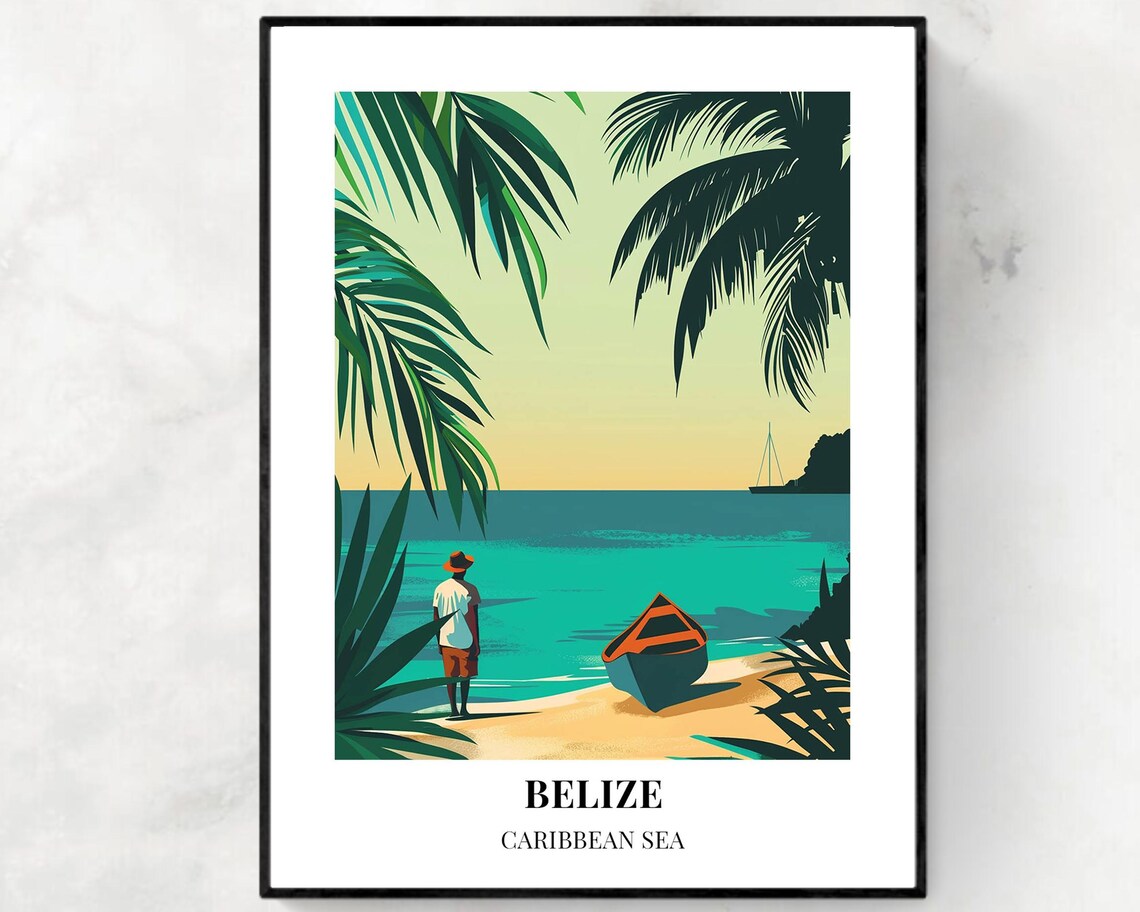 Belize Caribbean Sea Fisherman Boat Tropical Beach Scene Poster