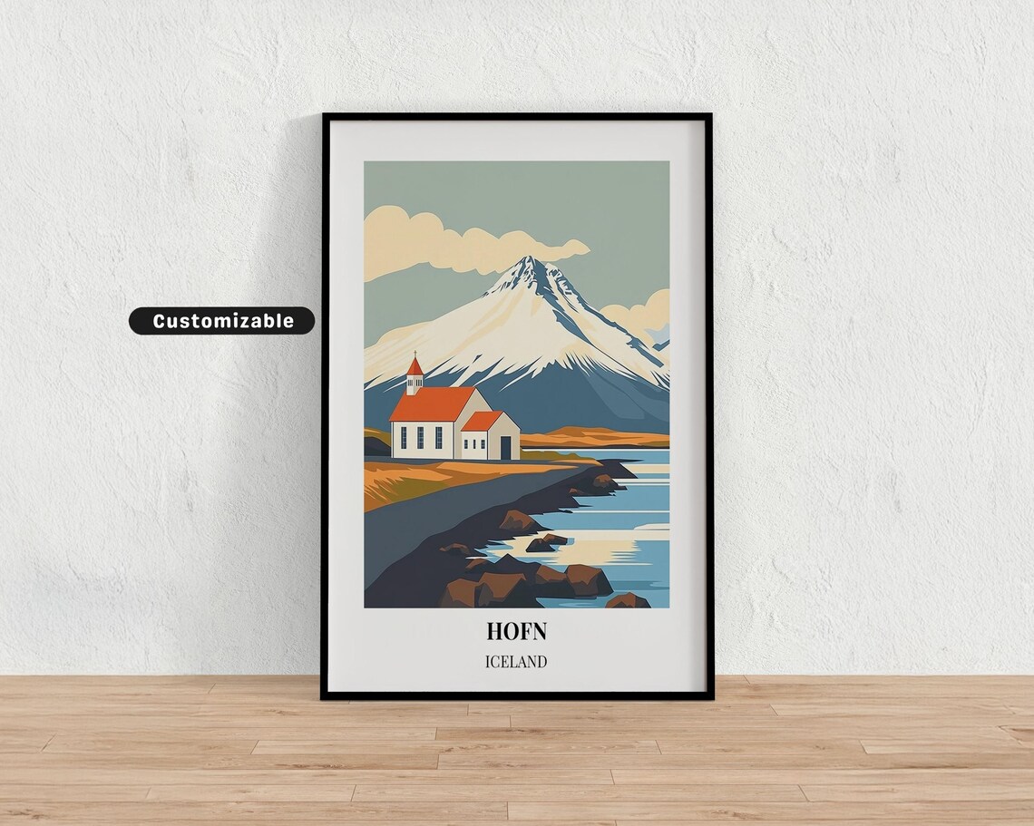 Hofn Iceland Snowy Mountain Red Roof Church Coast Travel Art Poster