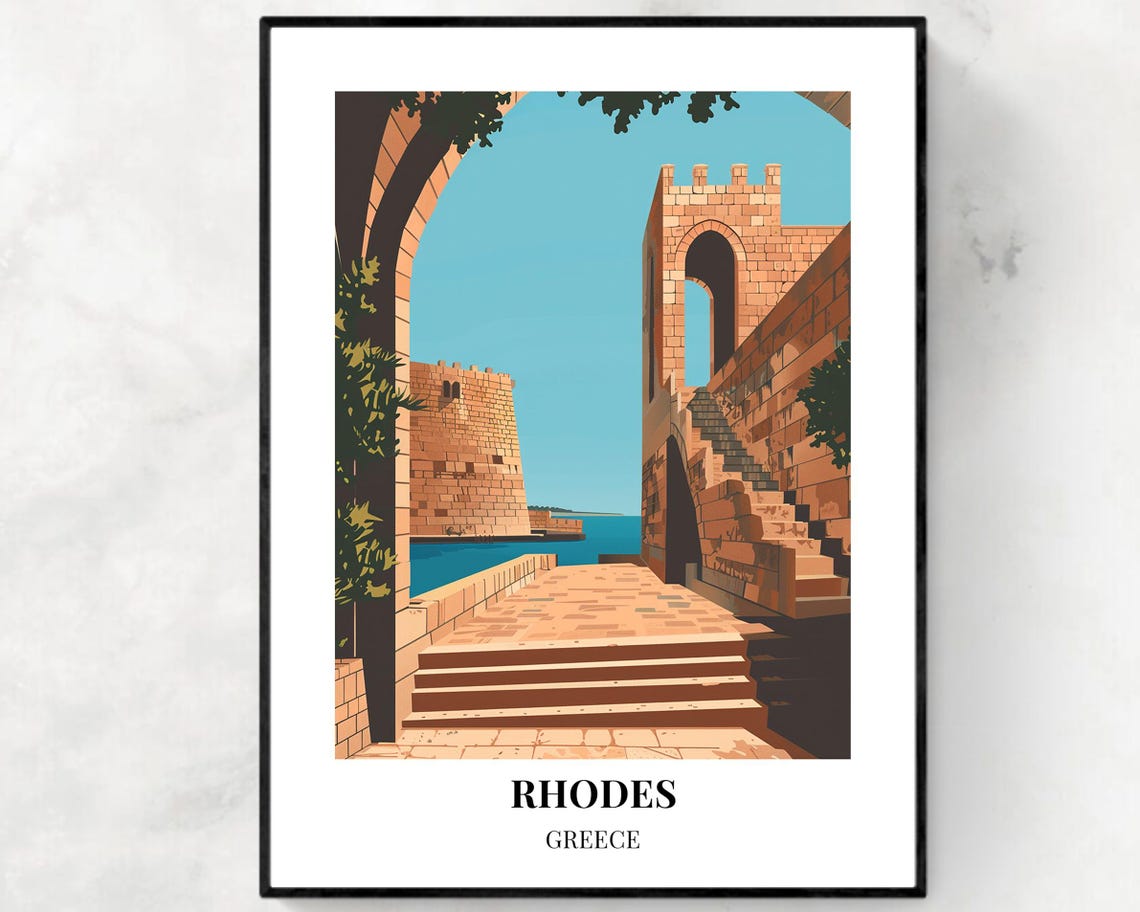 Rhodes Greece Old Harbor Stone Archway Steps Summer Coast Poster