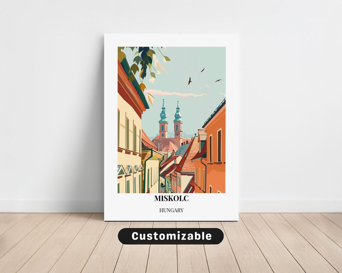 Miskolc Hungary Street Church Towers Vintage Style Travel Poster