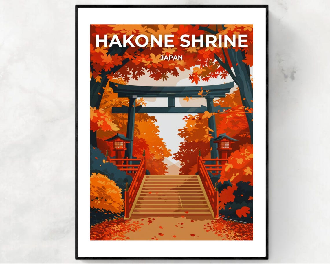 Hakone Shrine Japan Autumn Torii Gate And Stone Steps Poster