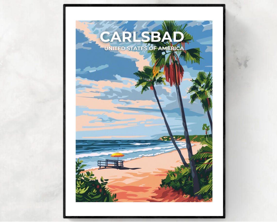 Carlsbad Beach Scene Full Bleed Top Text Coastal Travel Poster