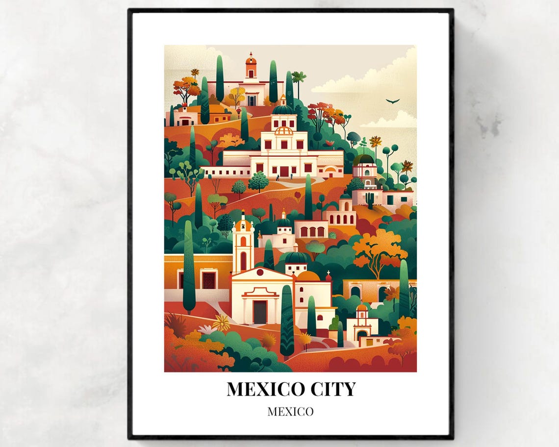 Mexico City Hillside Churches Among Trees Vintage Travel Poster