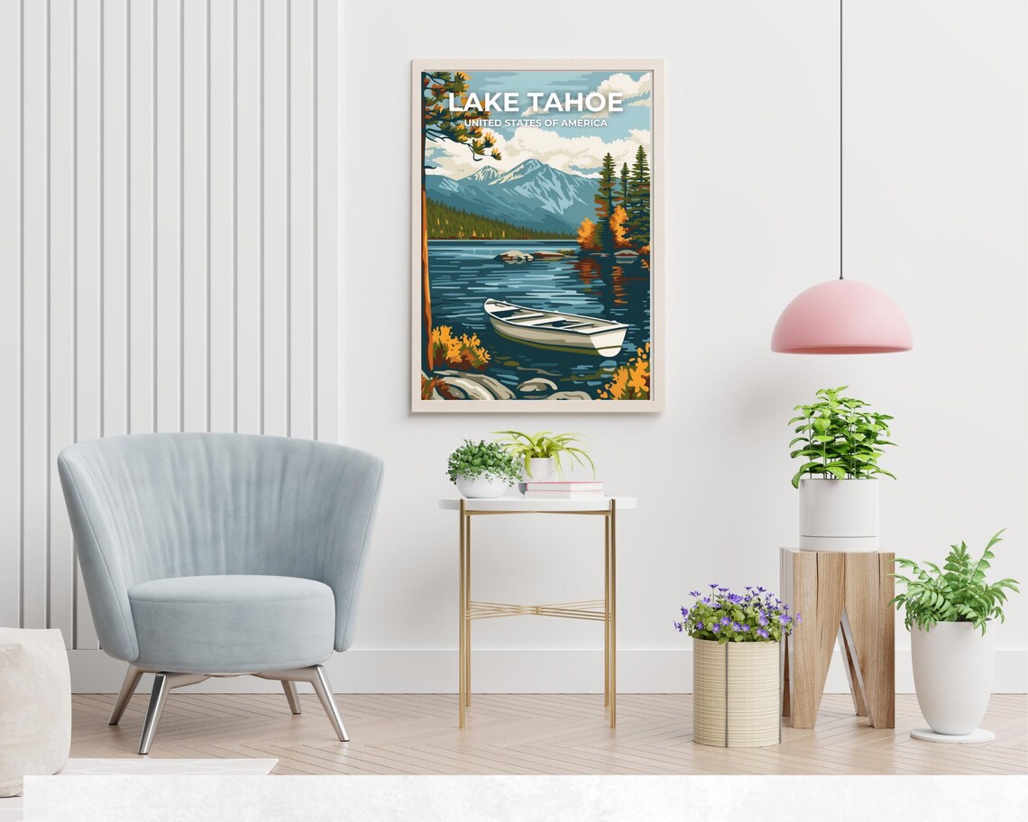 Lake Tahoe Rowboat Autumn Pines Mountain Lake Vintage Travel Poster - Image 2
