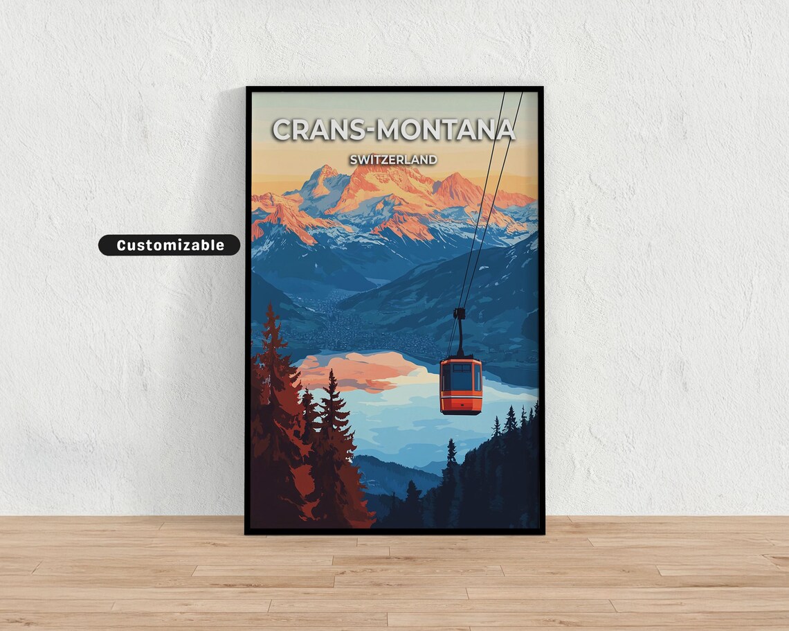Crans-Montana Switzerland Ski Gondola Alpine Sunset Travel Poster