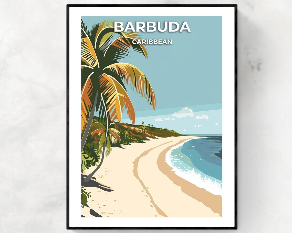 Barbuda Caribbean Pristine Sandy Beach Palm Dunes Waves Poster