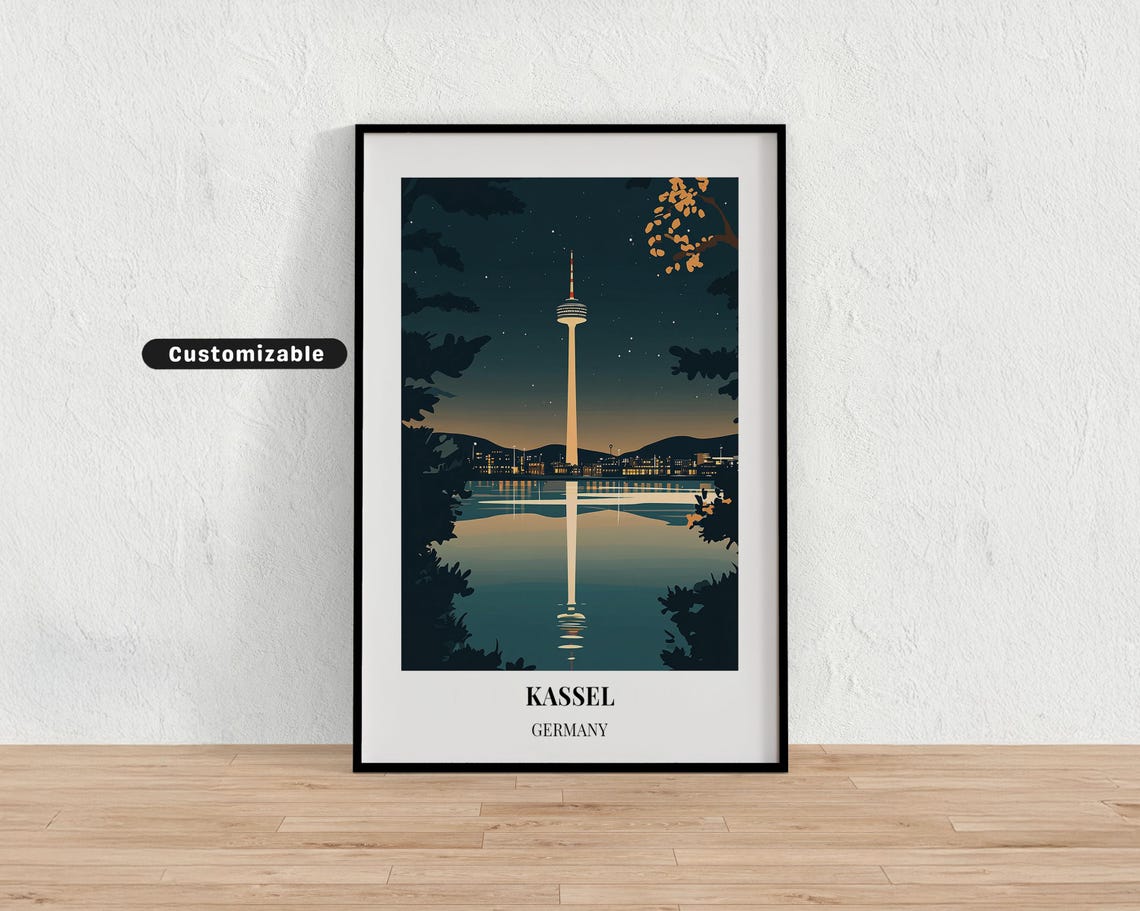 Kassel Germany Night TV Tower Lake Reflection Retro Travel Poster