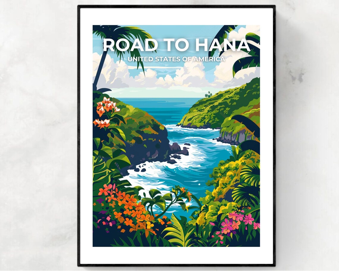 Road To Hana Hawaii Tropical Ocean Cove Flowers Coastal Poster