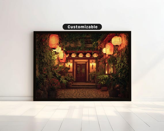 Japanese Inn Entrance Framed By Lanterns And Plants Wall Art Print Zen Asian Decor