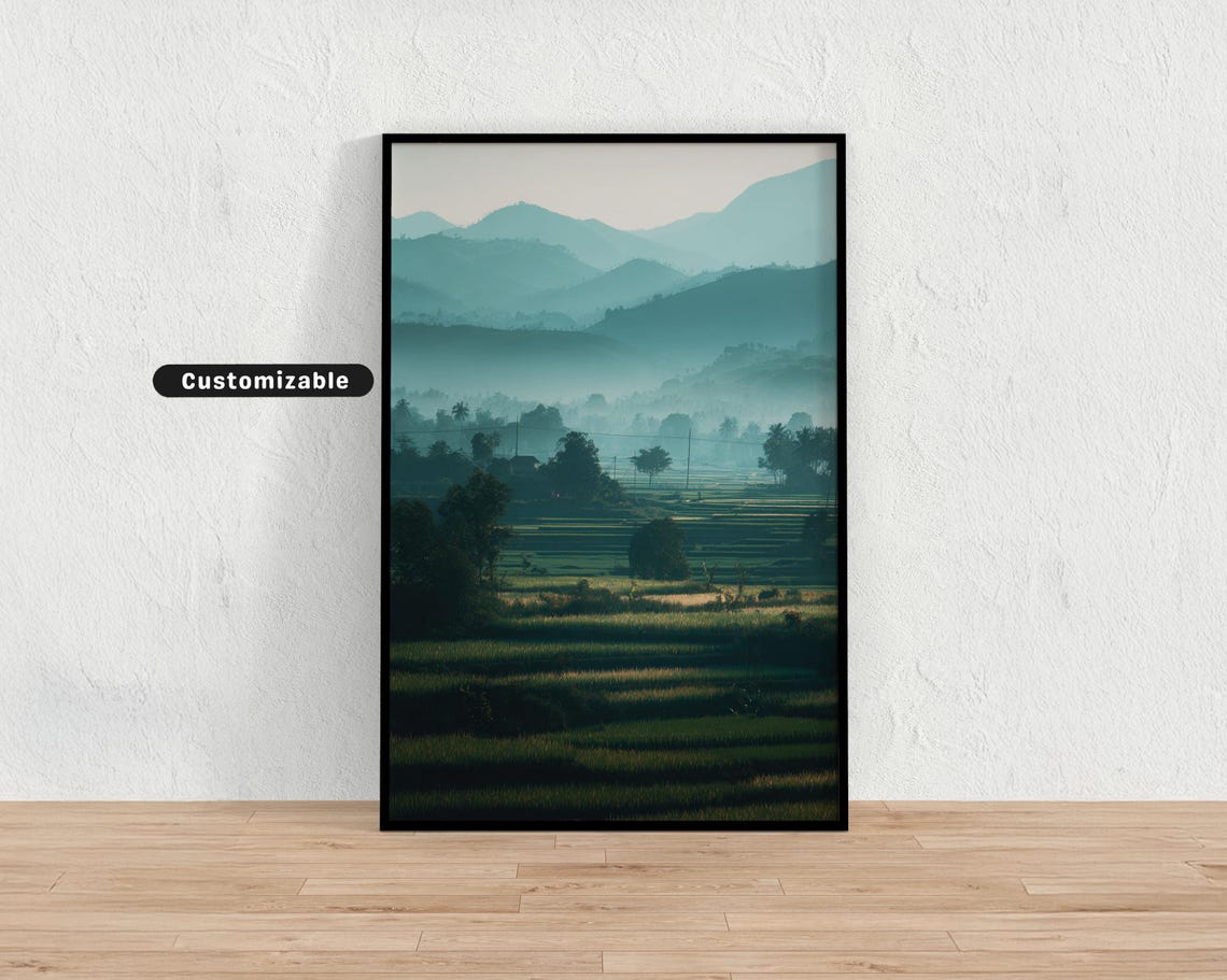 Rural Rice Fields Under Hazy Morning Light And Layered Hills Japanese Wall Art Print Zen Asian Decor