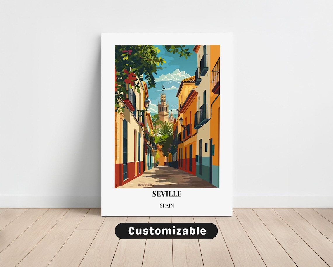 Seville Spain Sunny Old Town Street Balcony Vintage Travel Poster