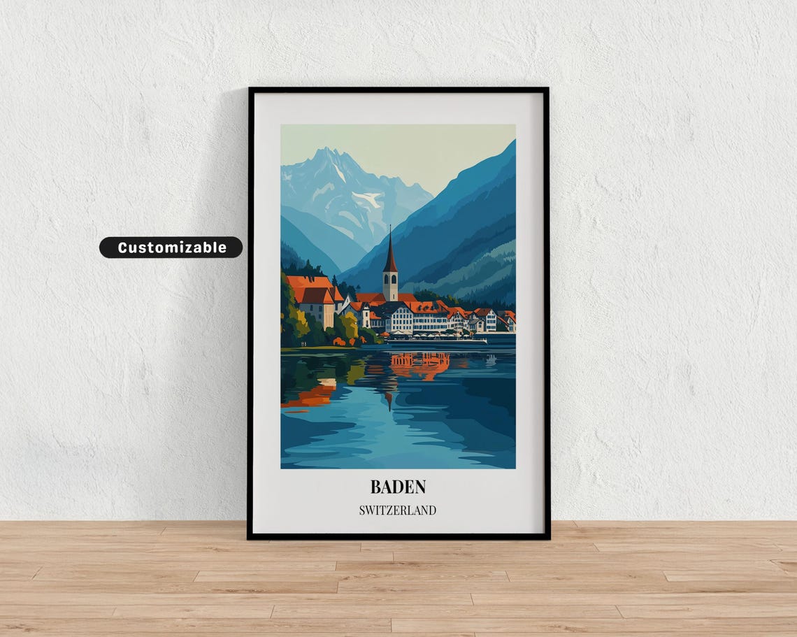 Baden Switzerland Lakeside Church Mountain Reflection Travel Poster