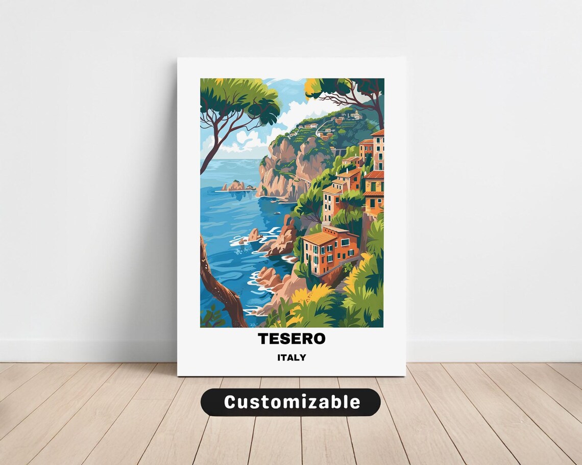 Tesero Italy Coastal Cliff Travel Poster Mediterranean Village Sea Art
