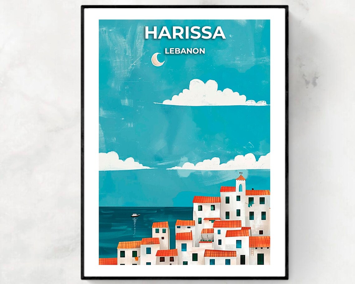 Harissa Lebanon White Village Red Roofs Sea View Travel Poster
