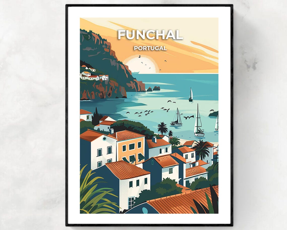 Funchal Madeira Portugal Harbor Sunset with Sailboats Travel Poster