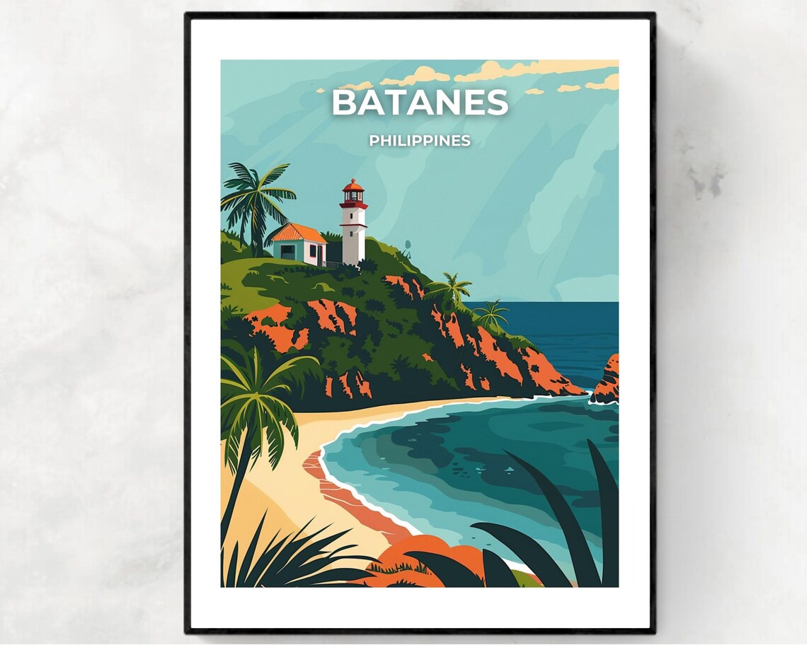 Batanes Philippines Cliff Lighthouse Beach Sunset Travel Poster