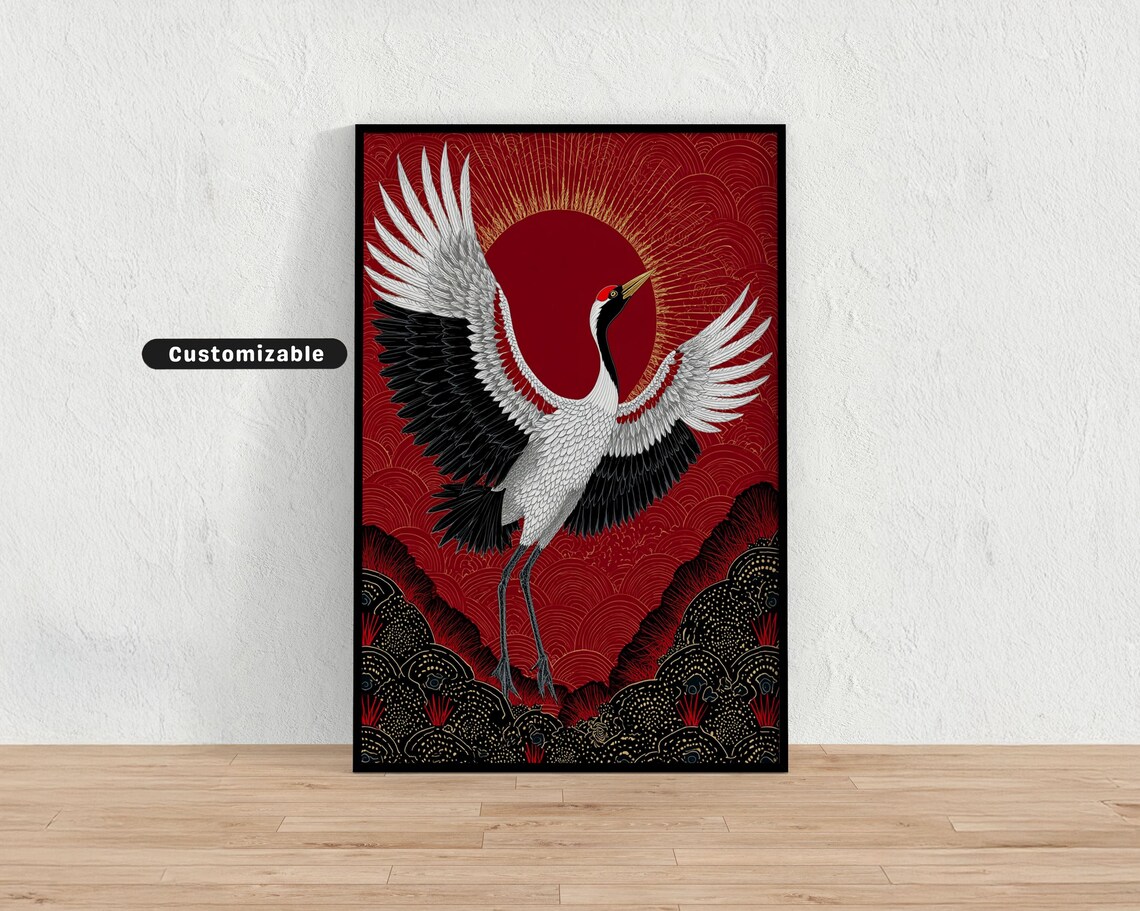 Stylized Crane Wings Spread Red Sun Japanese Bird Decor Poster
