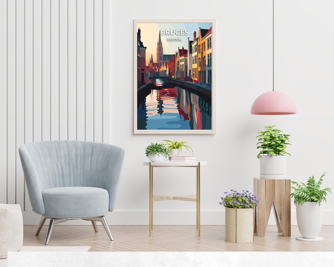 Bruges Belgium Canal and Belfry Reflection Vintage Travel Poster - Image 2