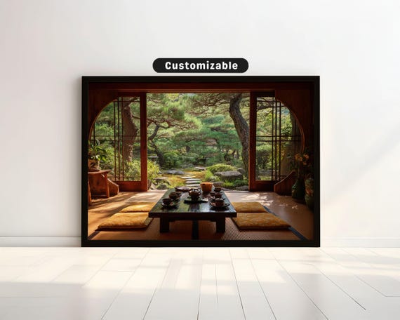 Tea Ceremony Inside Open Tatami Room With View To Garden Japanese Wall Art Print Zen Asian Decor