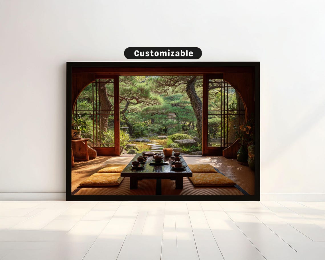 Tea Ceremony Inside Open Tatami Room With View To Garden Japanese Wall Art Print Zen Asian Decor