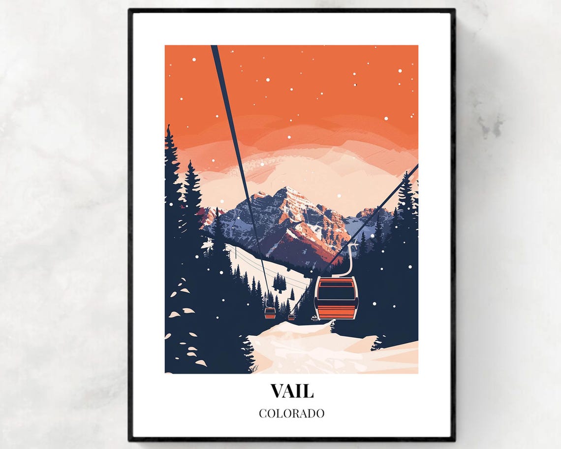 Vail Colorado Gondola Cabins Under Orange Sunset Over Peak Poster