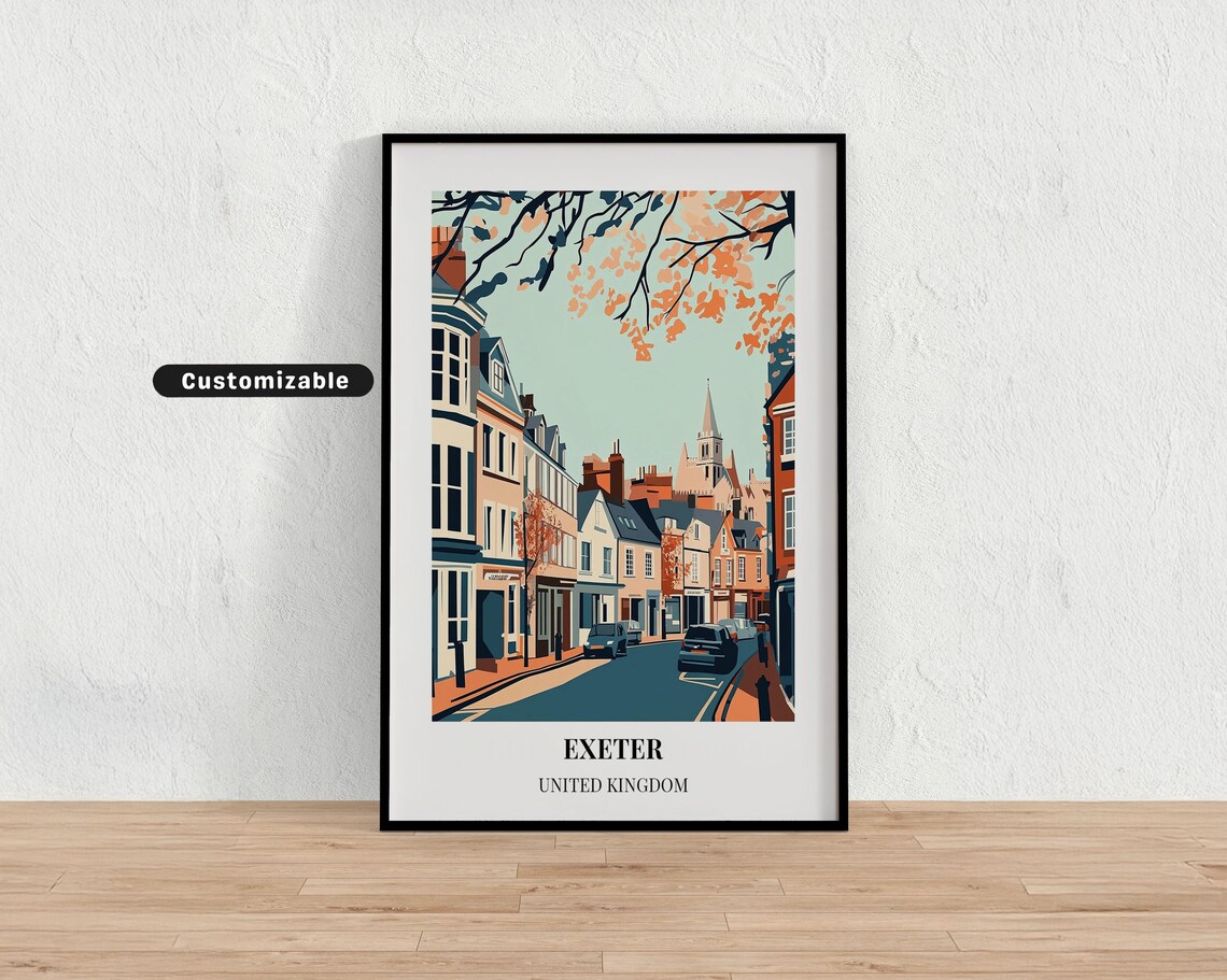 Exeter England Autumn Street Leaves Custom Vintage Travel Art Poster