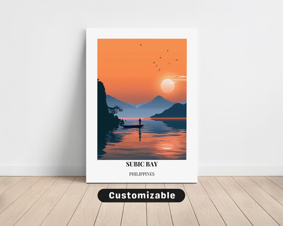 Subic Bay Philippines Sunset Fisherman Boat Orange Sky Travel Poster