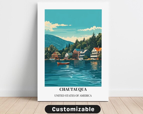 Retro Lake Chautauqua USA Lakeside Cabins Vintage Travel Poster