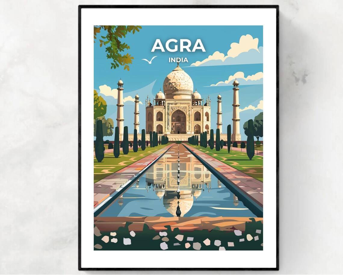 Agra Taj Mahal Daytime Garden Pool Reflection India Travel Poster