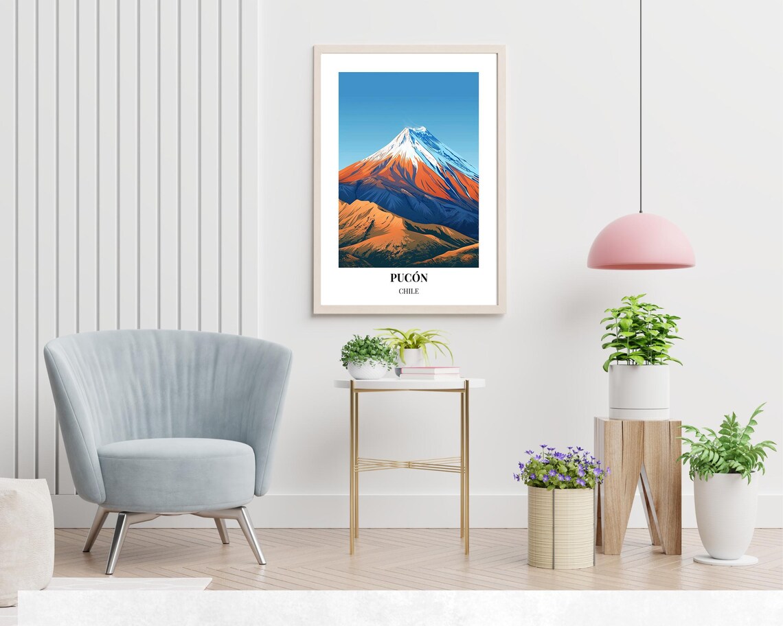 Pucón Chile Villarrica Volcano Daytime View Illustrated Travel Poster - Image 2