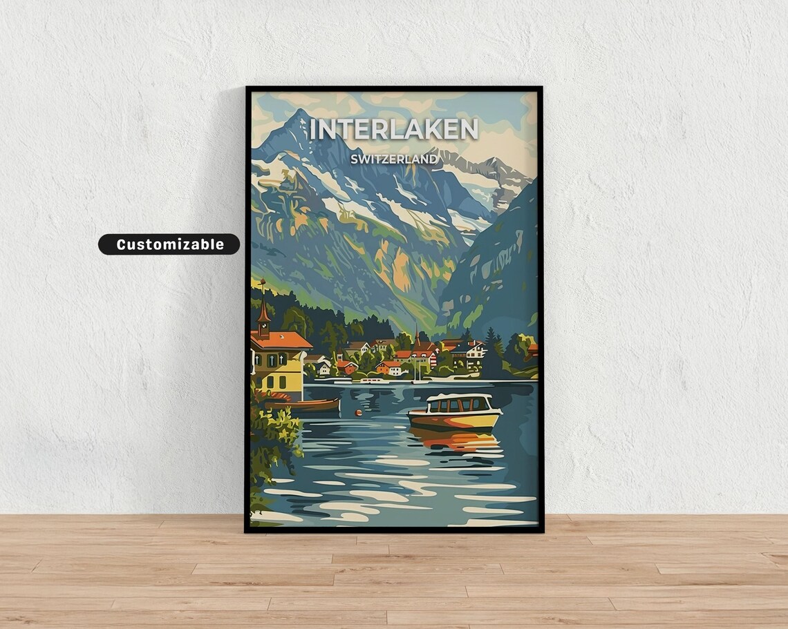 Interlaken Switzerland Alpine Lake Boats Custom Travel Poster
