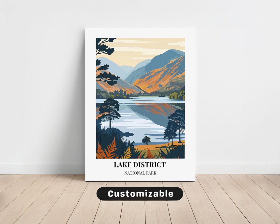 Lake District National Park Autumn Valley Reflection Vintage Travel Poster