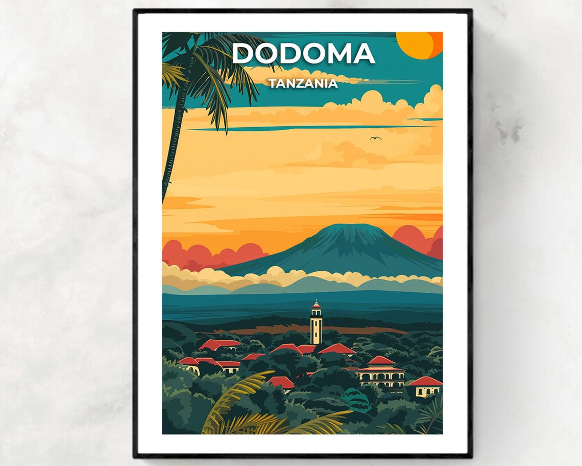 Dodoma Tanzania Sunset Town Church Tower Volcano Travel Poster