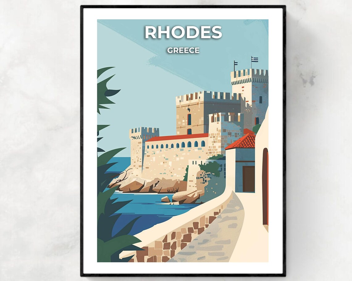 Rhodes Greece Seaside Castle Blue Aegean Coast Travel Poster