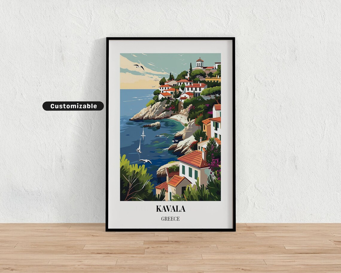 Kavala Greece Coastal Cliffs Sailboats Retro Travel Wall Print