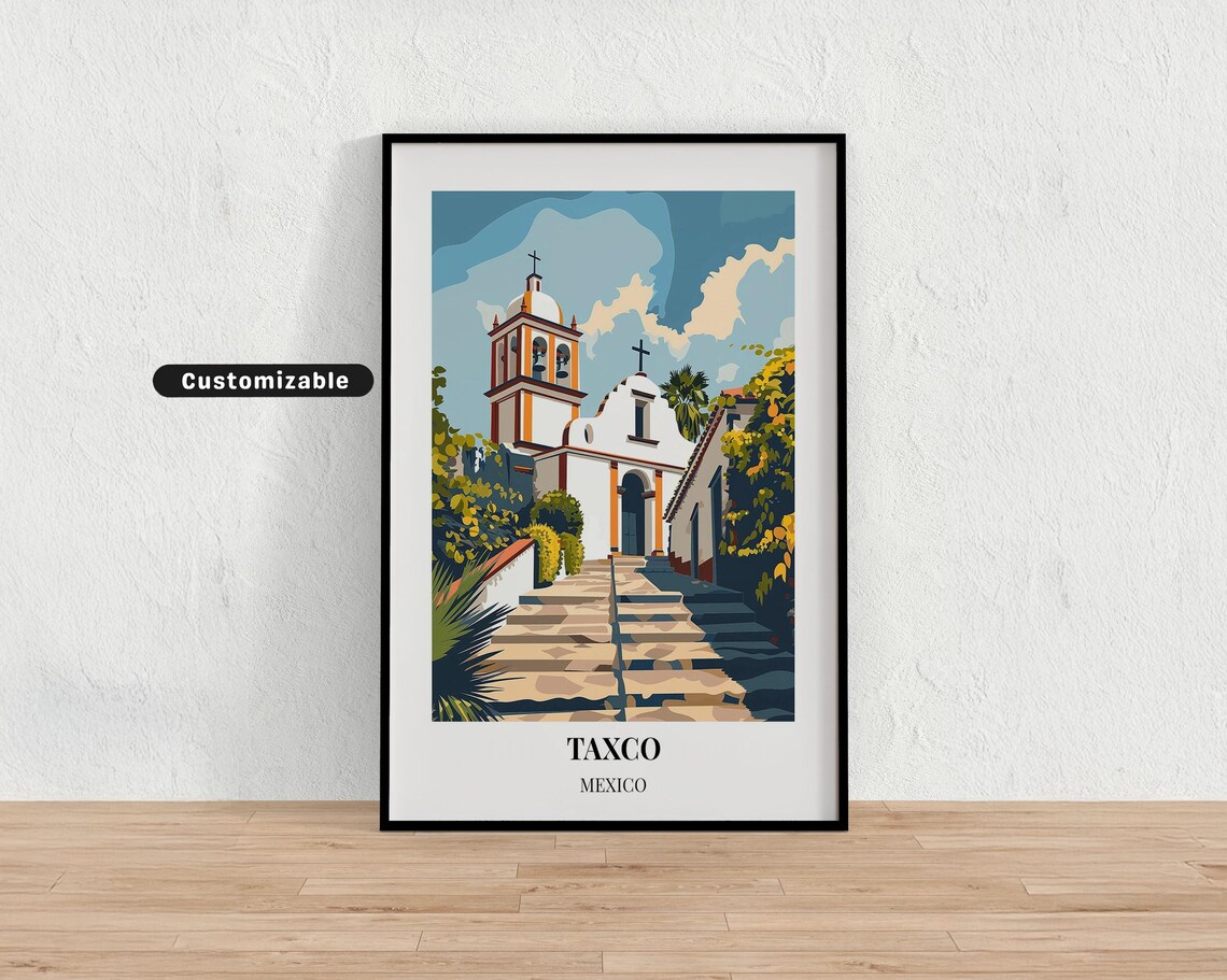 Taxco Mexico Colonial Church Travel Poster Cobblestone Street View
