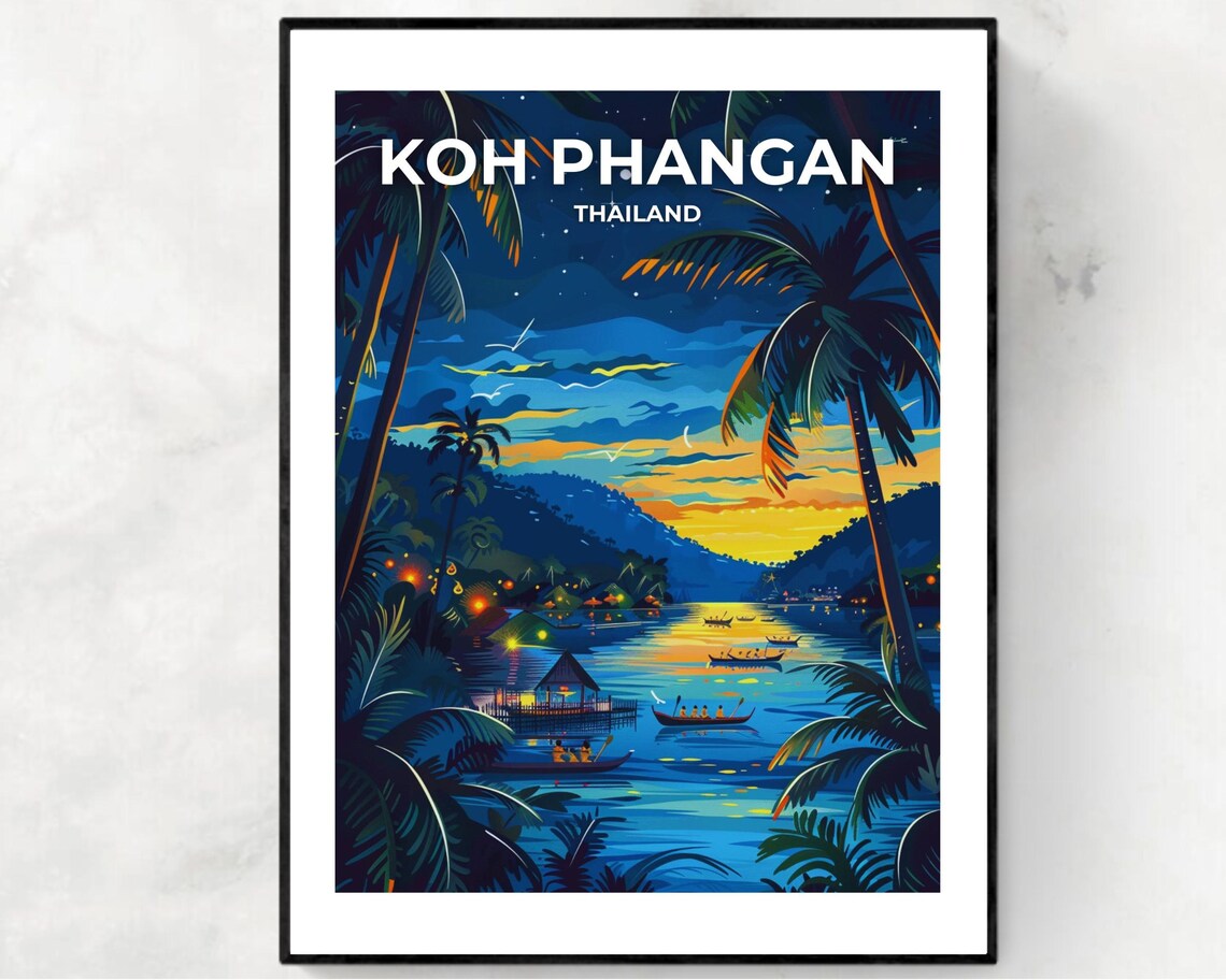 Koh Phangan Thailand Night Lagoon Boats Village Lights Poster