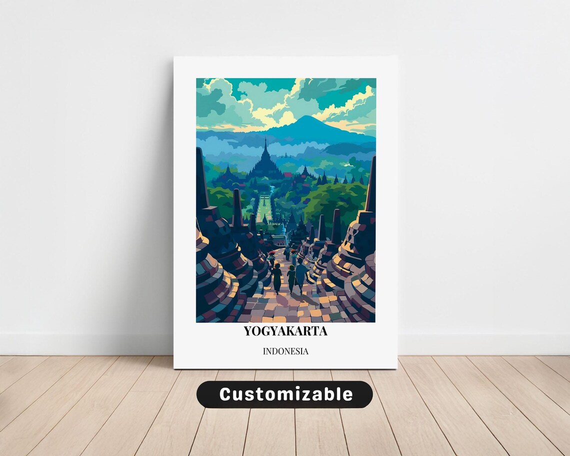 Yogyakarta Indonesia Borobudur Temple Terrace Vintage Travel Poster