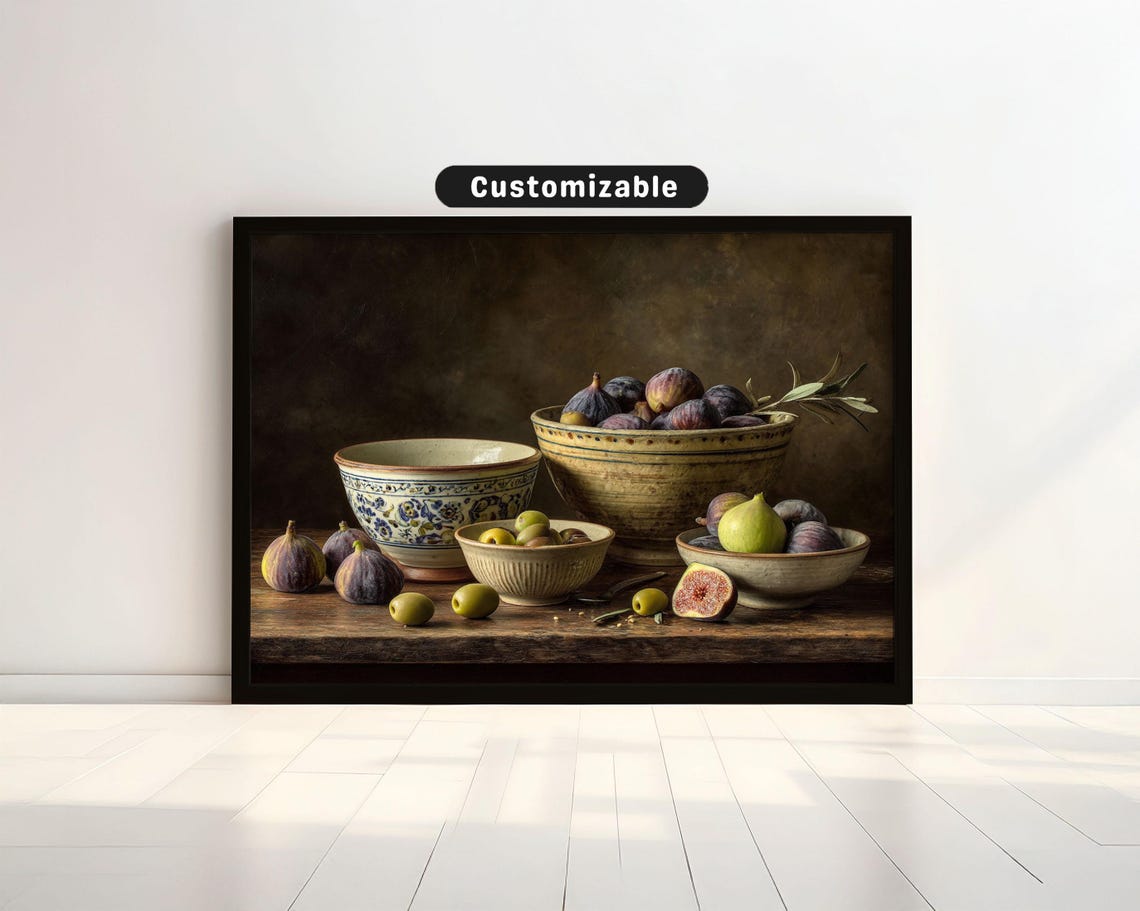 Still Life Of Figs And Olives In Ceramic Bowls Bold Wall Art Mediterranean Botanical Decor