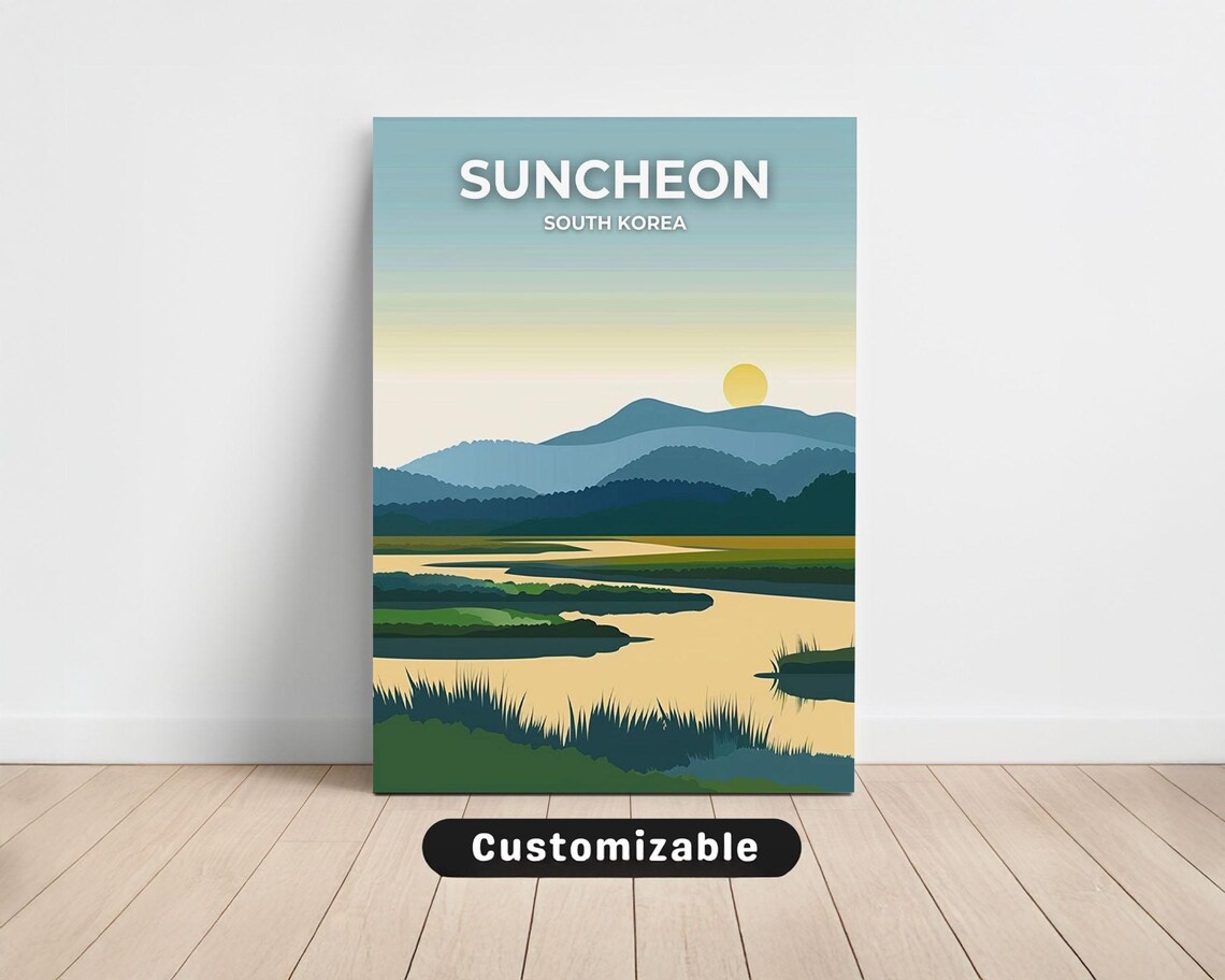 Suncheon South Korea Sunrise Wetlands Mountains Travel Poster