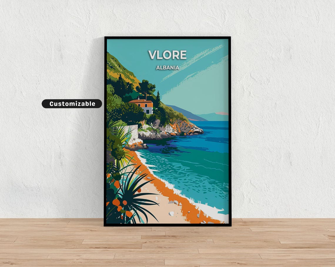 Vlore Albania Customizable Coastal Travel Poster Turquoise Beach Art
