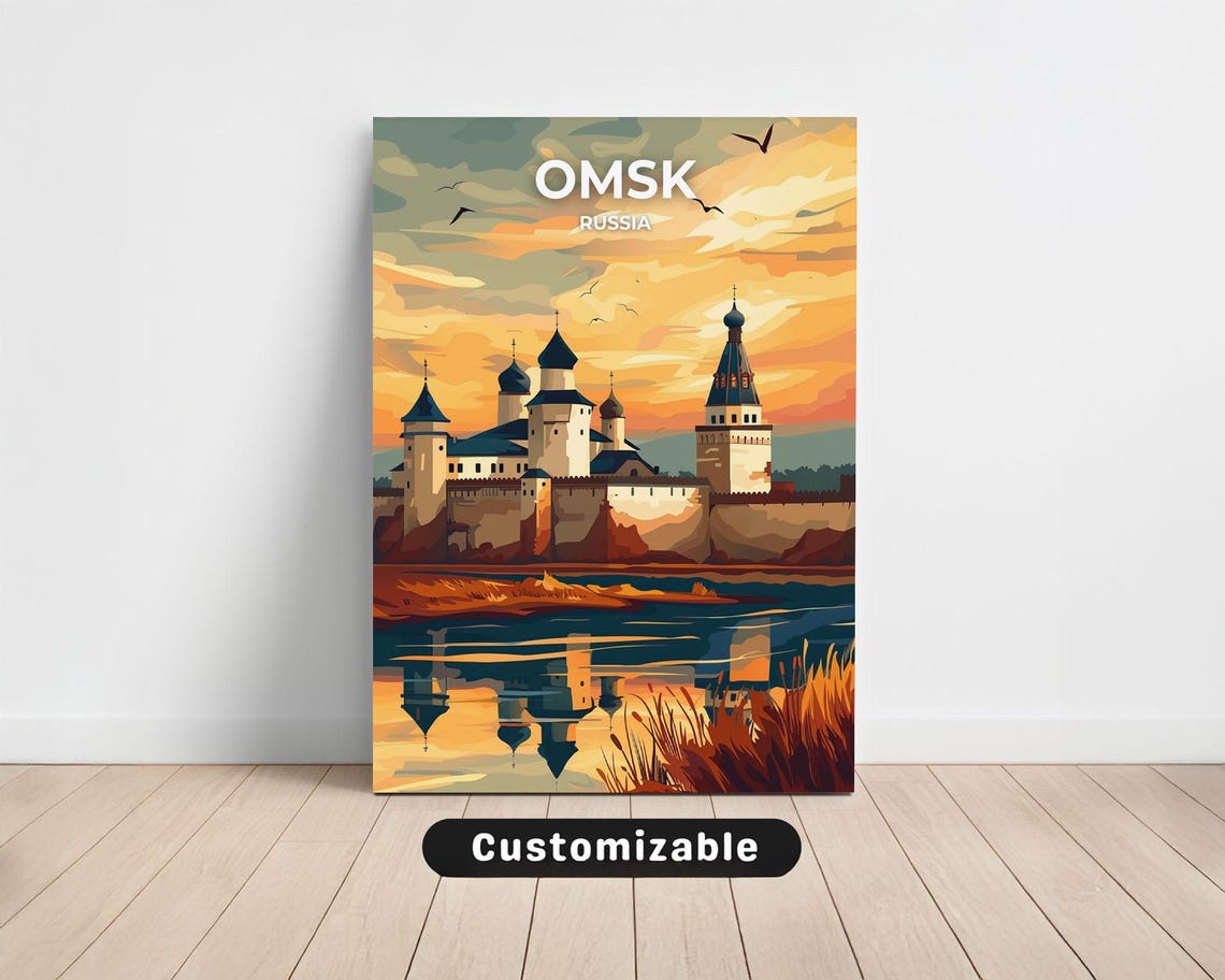 Omsk Russia Sunset Cathedral River Reflection Travel Art Poster