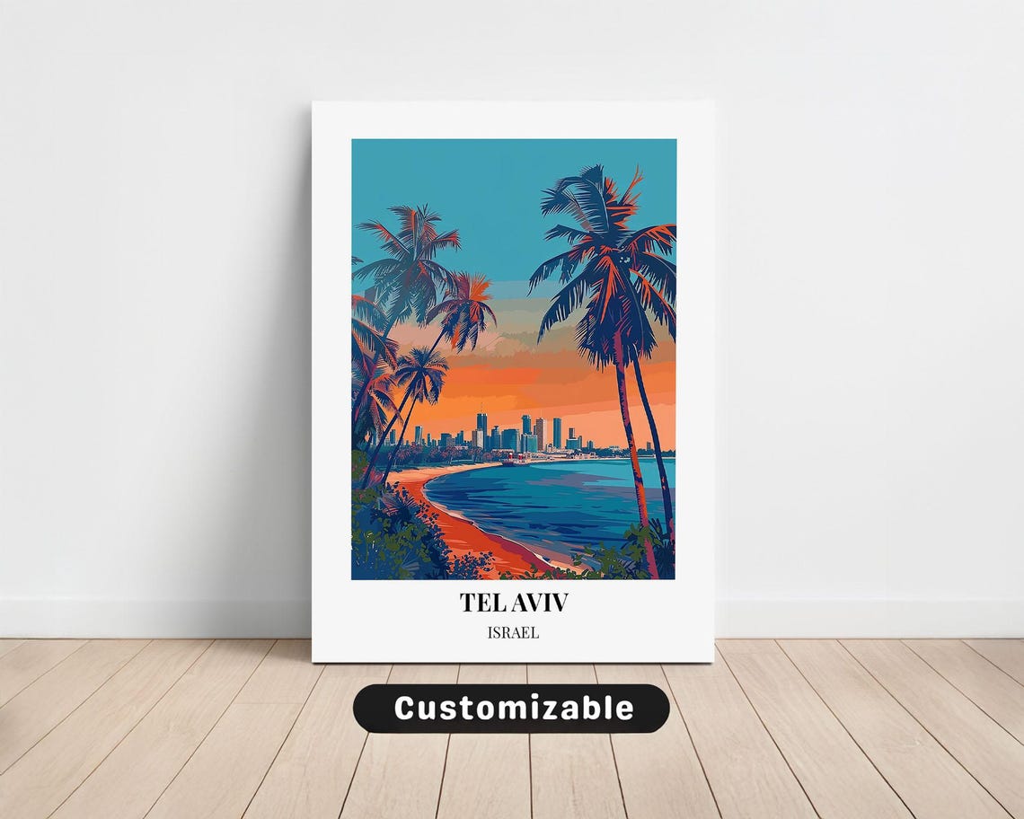 Tel Aviv Israel Beach Palms And Skyline At Sunset Travel Poster