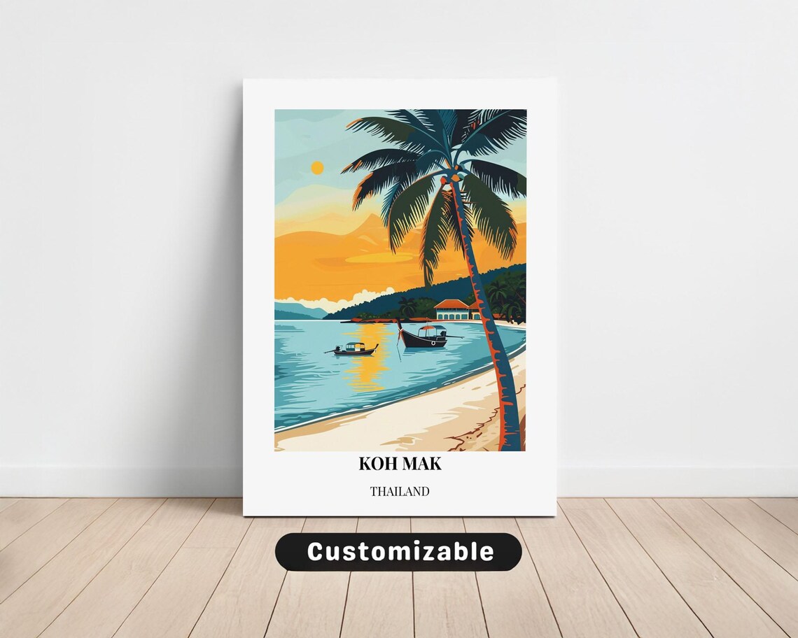 Koh Mak Thailand Sunset Travel Art Palm Beach Evening Poster