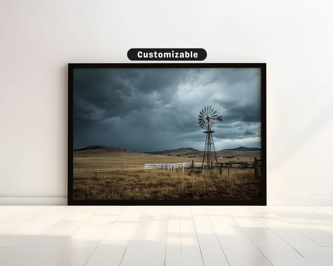Rustic Windmill on Stormy Hill Golden Field Scenic Art Poster