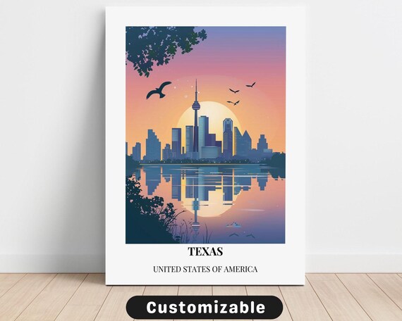 Texas Sunset City Skyline Birds Lake Reflection Retro Travel Poster